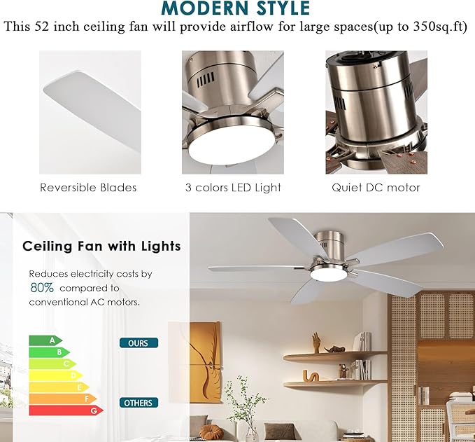Ayaoty 52 Inch Low Profile Ceiling Fans with Lights and Remote, Flush Mount Modern Ceiling Fan, 3CCT Dimmable DC Ceiling Fan for Bedroom, Living Room, Brushed Nickel