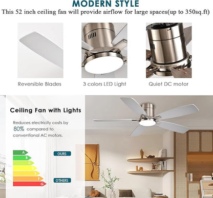 Ayaoty 52 Inch Low Profile Ceiling Fans with Lights and Remote, Flush Mount Modern Ceiling Fan, 3CCT Dimmable DC Ceiling Fan for Bedroom, Living Room, Brushed Nickel