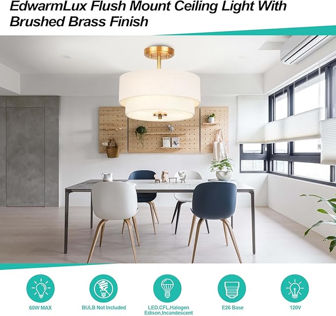 Edwarmlux 3-Light Semi Flush Mount Ceiling Light Fixture, 12.6" Gold Drum Light with White Fabric Shade, Modern Close to Ceiling Light for Living Room Bedroom Dining Room Kitchen Hallway Entry Foyer