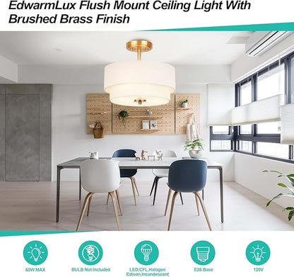 Edwarmlux 3-Light Semi Flush Mount Ceiling Light Fixture, 12.6" Gold Drum Light with White Fabric Shade, Modern Close to Ceiling Light for Living Room Bedroom Dining Room Kitchen Hallway Entry Foyer