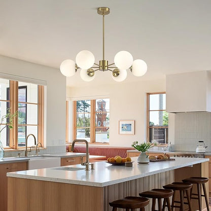 KCO Lighting Gold Sputnik Chandelier 6 Lights Milk Glass Chandelier Brass Kitchen Ceiling Light White Globe Pendant Light Mid Century Modern Dining Room Light Fixtures