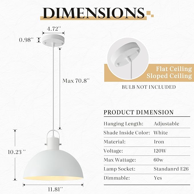 White Pendant Light 2 Pack, 11.8 Inch Pendant Lights Kitchen Island, Dome Pendant Lights, Farmhouse Pendant Light for Kitchen Island, Dining Room, Living Room