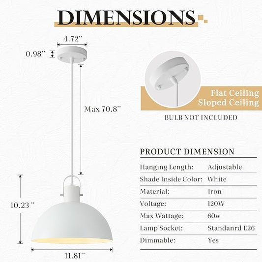 White Pendant Light 2 Pack, 11.8 Inch Pendant Lights Kitchen Island, Dome Pendant Lights, Farmhouse Pendant Light for Kitchen Island, Dining Room, Living Room
