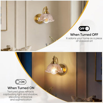 Vintage wall Sconce, Gold wall sconces with Amber Glass Shade, Bathroom Vanity Lights for Living Rooms Bedrooms Bathrooms Above Mirrors Hallways, E26 (Bulb Not Included)