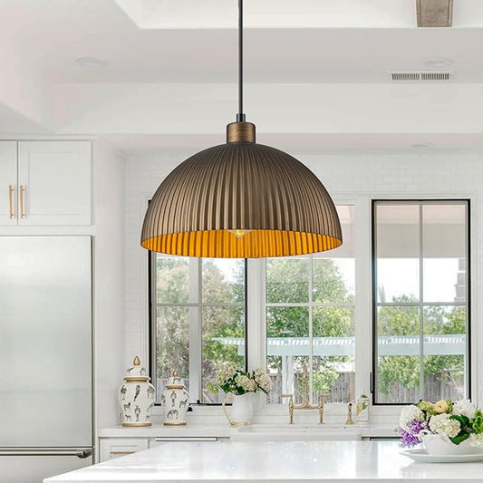 Lingkai Vintage Antique Brass Dome Pendant Light, 11.8'' Pendant Lights Kitchen Island, Hanging Ceiling Light Striped Metal Shade
