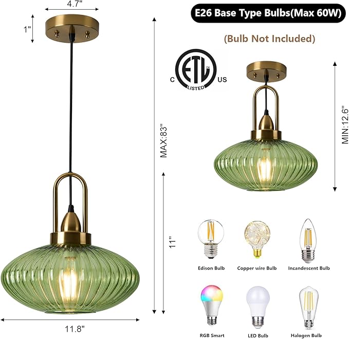 12 Inch Green Pendant Lights Vintage Chandelier Pendant Lighting Modern Mid Century Hanging Lights Adjustable Kitchen Island Light for Dining Room Bedroom Hallway