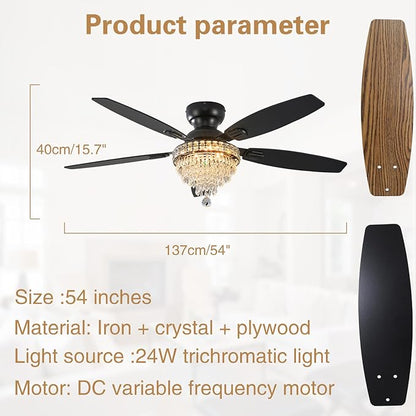 Crystal Ceiling Fan Fandelier with Lights-Ceiling Fans with Lights,54" Low Profile and Remote Control, Flush Mount, Reversible, Dimmable, Noiseless, Black Ceiling Fan for Bedroom