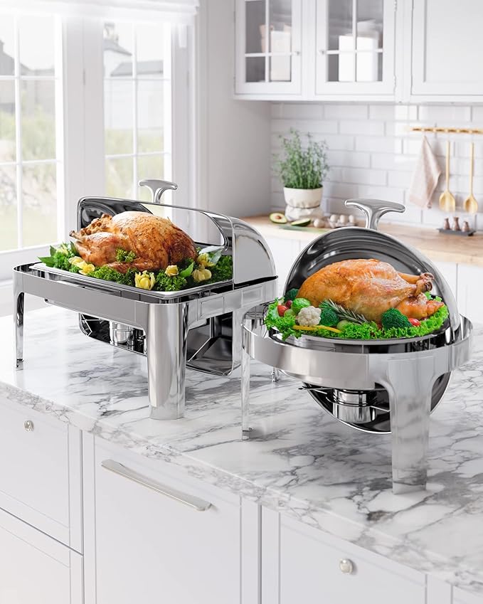 Takywep Roll Top Chafing Dish Buffet Set 6 QT,Stainless Steel Chafer Round Catering Food Warmer and Server with Lid Water Pan Stand Fuel Holder for Wedding,Parties,Events and Catering