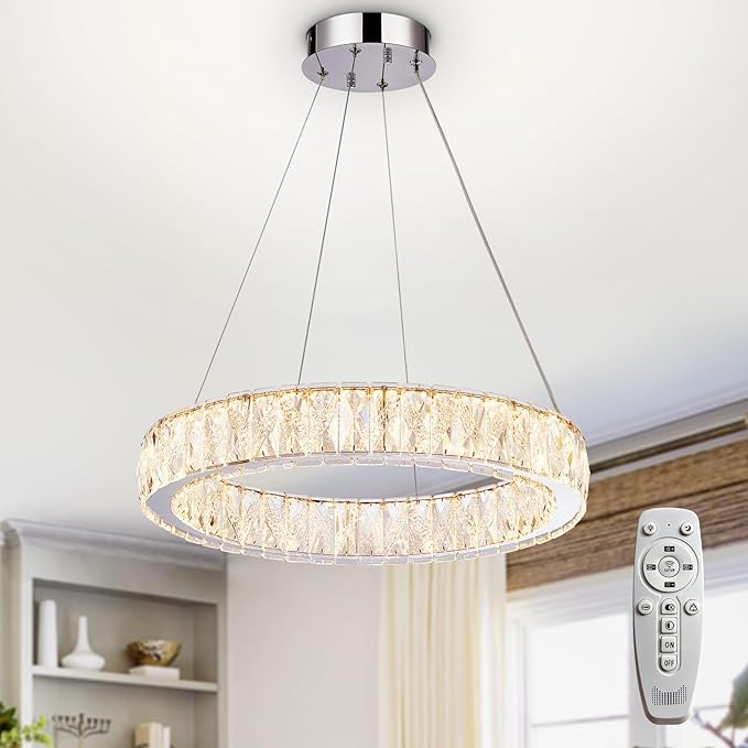 Depuley Modern LED Crystal Chandeliers: 19.7" Ring Chandelier Hanging Crystal Ceiling Light Fixture - 30W Adjustable Height Pendant Light for Living Room Dining Room Bedroom Foyer