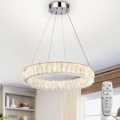 Depuley Modern LED Crystal Chandeliers: 19.7" Ring Chandelier Hanging Crystal Ceiling Light Fixture - 30W Adjustable Height Pendant Light for Living Room Dining Room Bedroom Foyer