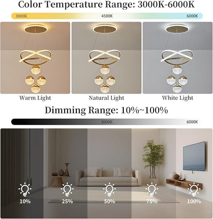 Gold LED Chandeliers, 3-Color Dimmable Pendant Light Dining Room Light Fixtures for Kitchen Island Adjustable Modern Chandeliers for Dining Room Living Room Bedroom