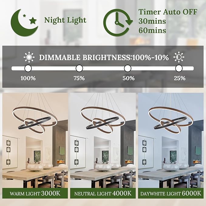 LED 3 Ring Chandelier Dining Room Modern Black Chandelier with Remote Control Dimmable High Ceiling Pendant Light for Entry Foyer Living Room Bedroom Kitchen Island, 75W