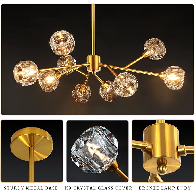 Weesalife Sputnik Chandeliers for Dining Room Light Fixture Over Table, Modern Crystal Chandeliers, 9 Lights Gold Lighting Fixtures for Living Room Bedroom Kitchen Island
