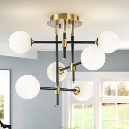 6-Light Rotatable Glass Bubble Ceiling Lights, Modern Flushmount Light Fixture for Dining Room, Bedroom, D20 * H15.5 inch, Milk Glass Bubble & Black & Gold Finish