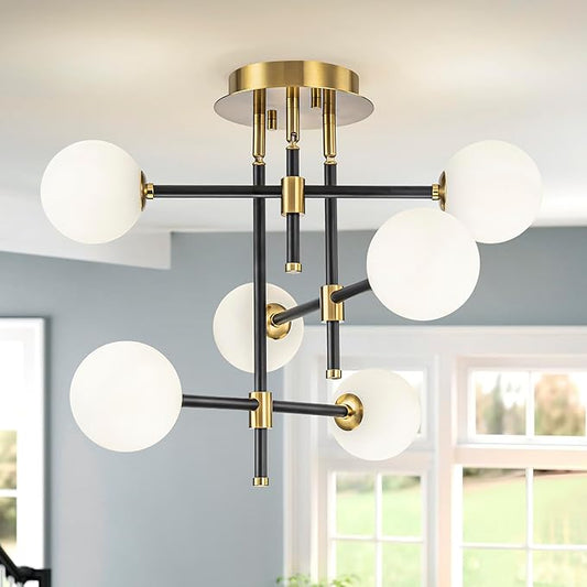 6-Light Rotatable Glass Bubble Ceiling Lights, Modern Flushmount Light Fixture for Dining Room, Bedroom, D20 * H15.5 inch, Milk Glass Bubble & Black & Gold Finish