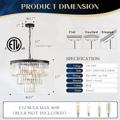 Crystal Chandeliers Black Modern Round 20" Chandelier 7 Lights 3-Tier Ceiling Pendant Light Fixture Luxury K9 Crystal Lighting for Living Room Dining Room Bedroom Kitchen Foyer
