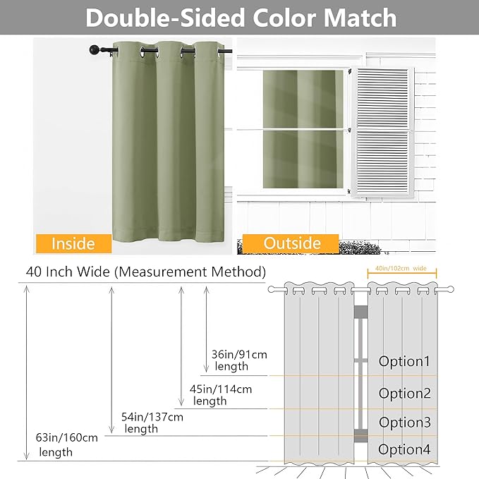 Simplebrand Sage Green Room Darkening Curtains for Bedroom 45 Inches Long 2 Panels Set, Sunlight Blocking Curtains for Small Windows, Grommet Energy Saving Thermal Insulated Short Drapes, 40Wx45L