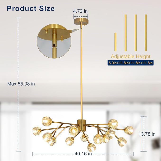 Depuley Sputnik Chandelier for Dining Room: 15-Light Ceiling Light Fixture Height Adjustable - Mid Century Gold Chandelier for Bedroom Living Room Kitchen Over Table Foyer (Included G9 Bulbs)