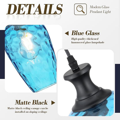 Glass Pendant Lights Kitchen Island, 1-Light Blue Pendant Light Fixtures with Hammered Glass, Modern Farmhouse Hanging Light for Kitchen Sink Dining Room Bedroom, E26
