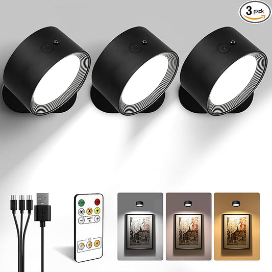 LED Wall Mounted Lights, Rechargeable Wall Sconces with Remote & Touch Control, 3 Color Temperatures 360° Rotation Dimmable Cordless Wall Light for Bedroom Study Reading Bedside (Black, 3 Pack)