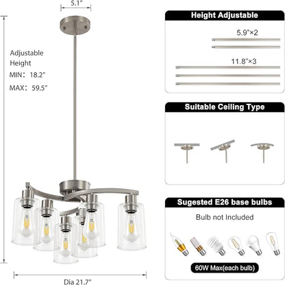 6 Light Modern Brushed Nickel Pendant Light Fixture for Dining Room，Kitchen Pendant Lighting Over Island，Adjustable Height Farmhouse Dining Chandeliers Over Table，with Glass Shade