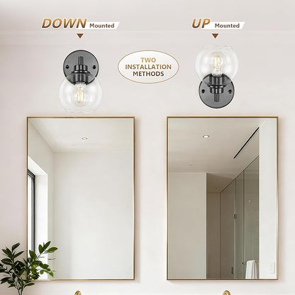Black Bathroom Vanity Lights, 1-Light Wall Sconce with Glass Globe Shade, Vanity Lighting for Bathroom/Bedroom/Dressing Room, Vertical/Horizontal Mounted, E26 Bulb Base (Bulb Not Included)