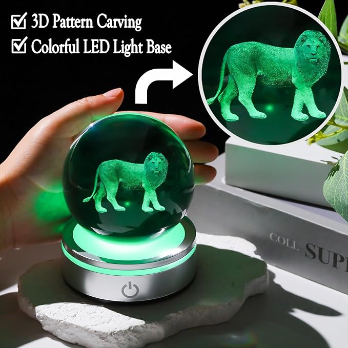 Crystal 3D Lion 3.15in Ball Figurine Gifts for Him Husband, Collectible Glass Animal Art Sphere for Room with LED Light Base, Keepsake for Lion Lovers Home Decor Paperweight