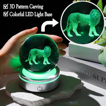 Crystal 3D Lion 3.15in Ball Figurine Gifts for Him Husband, Collectible Glass Animal Art Sphere for Room with LED Light Base, Keepsake for Lion Lovers Home Decor Paperweight