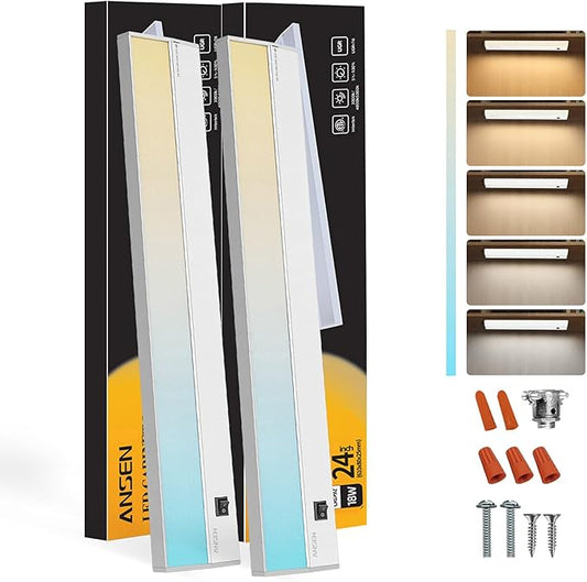 Ansen 2Packs of Under Cabinet Lighting Hardwired, 24in 18W 1237LM Dimmable Led Light for Kitchen/Closet, CRI 92+, R9 90+, 5 Color Temperature, 2700K-5000K(Warm White, Cool White, Daylight)