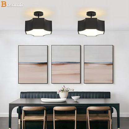 Modern Black 3-Light Ceiling Light Fixture, 12.6'' Metal Industrial Semi Flush Mount Close to Ceiling Light, Farmhouse Light Fixtures Ceiling Mount, Geometry Chandelier for Kitchen, Hallway