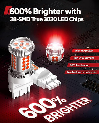 Torchbeam 3157 3156 LED Bulb Tail Brake Lights Red 600% Brighter, 3056 3057 4057 4157 3457 Brake Stop High Mount Stop Tail Taillights for Cars, Non-polarity, 3030 38-SMD, Pack of 2