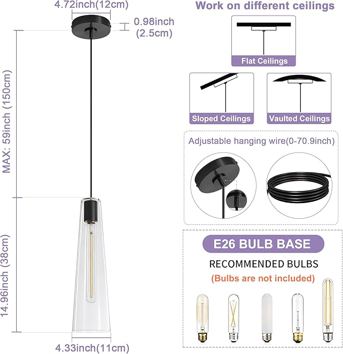 Modern Glass Pendant Lights Kitchen Island, Dimmable Black Pendant Light Fixtures 1 Pack, Adjustable Farmhouse Hanging Light Fixture with Clear Glass Shades for Hallway Dining Room