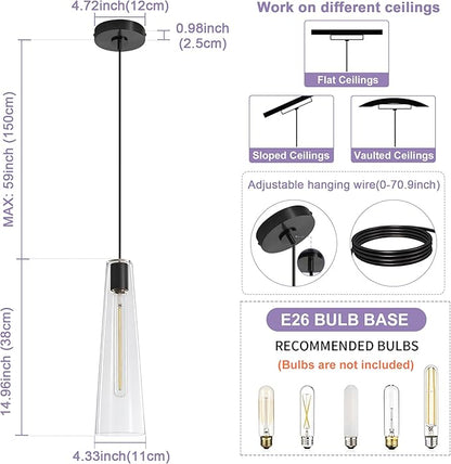 Modern Glass Pendant Lights Kitchen Island, Dimmable Black Pendant Light Fixtures 1 Pack, Adjustable Farmhouse Hanging Light Fixture with Clear Glass Shades for Hallway Dining Room