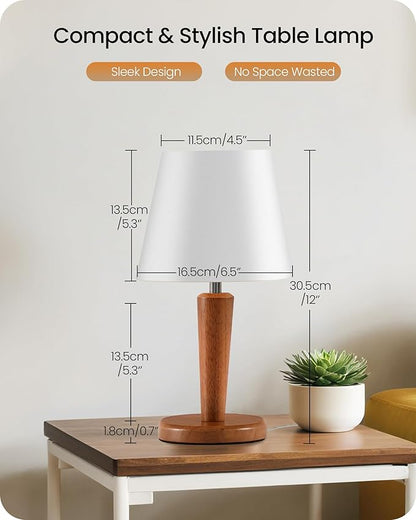 12" Wood Bedside Table Lamps Set of 2, Small Desk Lamps for Small Places, 3 Color Temperatures with Memory, White Linen Shade & E26 Bulbs, for Bedroom Living Room Office LW13TLP205