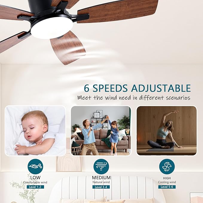 Ayaoty Ceiling Fans with Lights, 42 inch Low Profile Ceiling Fan with Light and Remote Control, Flush Mount, LED Dimmable DC Reversible Modern Ceiling Fan for Bedroom