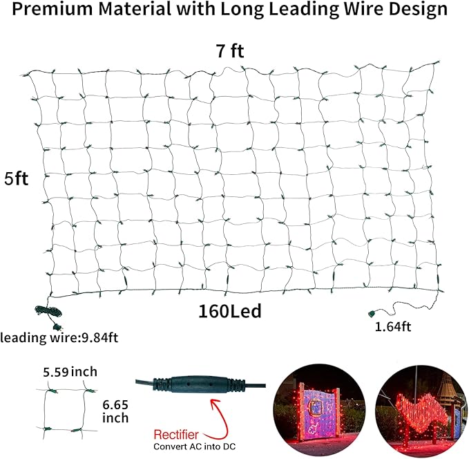 Dirnun Led Christmas Net Lights Red Outdoor Christmas Lights 160LED 5ftx7ft, Waterproof Outdoor Indoor Fairy Mesh Net Light for Xmas Party, Yard, Patio, Trees, Shrubs, Bushes Decorations
