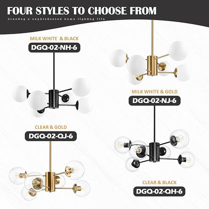 Bagood 6-Light Globe Sputnik Chandelier Modern Black Sputnik Chandelier Mid Century Pendant Light Matte Black Finished with Clear Globe Glass Lampshade Chandeliers for Dining Room Kitchen