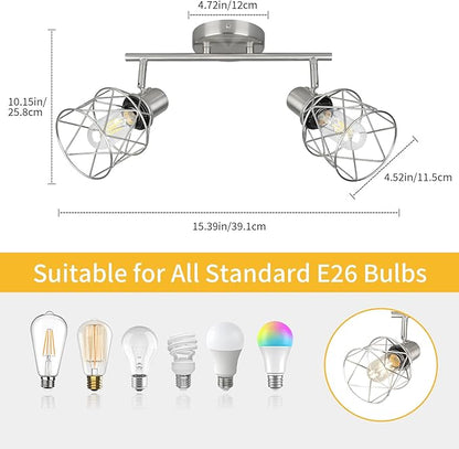 WILON Industrial Track Lighting Kit, 2 Light Modern Track Lighting Fixtures Brushed Nickel Flush Mount Ceiling Light Rotatable Light Head E26 Base Ceiling Spotlight for Kitchen Dining Room Hallway