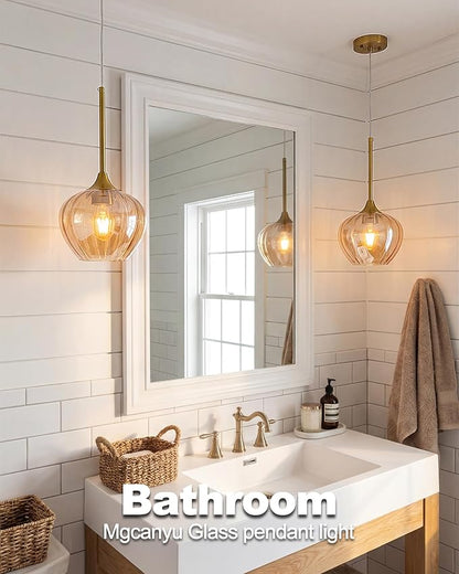 2-Pack Amber Glass Pendant Lights for Kitchen Island, 7" Modern Pendant Lighting Vintage Gold Light Fixtures Adjustable Hanging Light for Kitchen, Dining Room, Bar, Bathroom