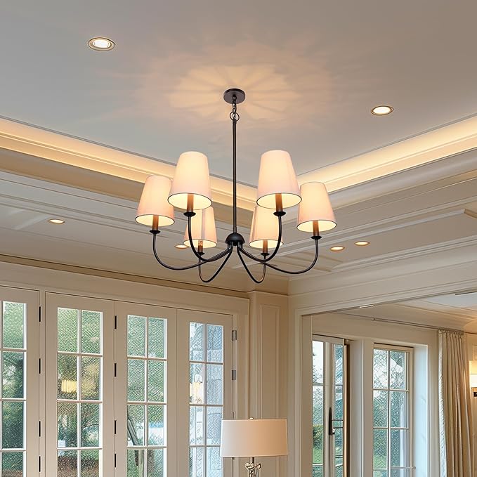 Chandelier, Matte Black with Linen Fabric Shade, 6-Light 28" Modern Farmhouse Linear Pendant Lighting Fixture for Kitchen Island (Black)