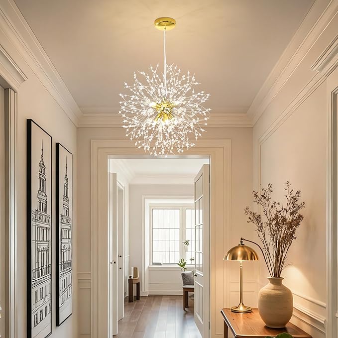 Modern Firework Gold 8 Lights Crystal Chandeliers, Sputnik Dandelion Chandelier Light Fixture Pendant Lighting for Bedroom, Foyer, Hallway, Entryway, Kitchen, Dining Room
