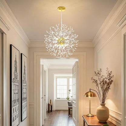 Modern Firework Gold 8 Lights Crystal Chandeliers, Sputnik Dandelion Chandelier Light Fixture Pendant Lighting for Bedroom, Foyer, Hallway, Entryway, Kitchen, Dining Room