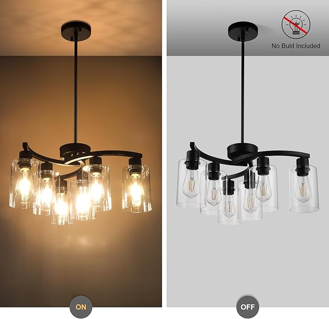 CNRATYE 6-Light Modern Farmhouse Black Chandelier, Contemporary Dining Room Light Fixture, Adjustable Height Hanging Industrial Pendant Lights Kitchen Island, Clear Glass Shade