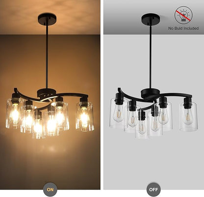 CNRATYE 6-Light Modern Farmhouse Black Chandelier, Contemporary Dining Room Light Fixture, Adjustable Height Hanging Industrial Pendant Lights Kitchen Island, Clear Glass Shade