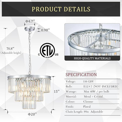 20” Modern Crystal Chandeliers, Chrome Round Chandeliers for Dining Room 3 Tiers 7 Lights Luxury K9 Crystal Ceiling Pendant Light Fixture for Foyer Bedroom Closet
