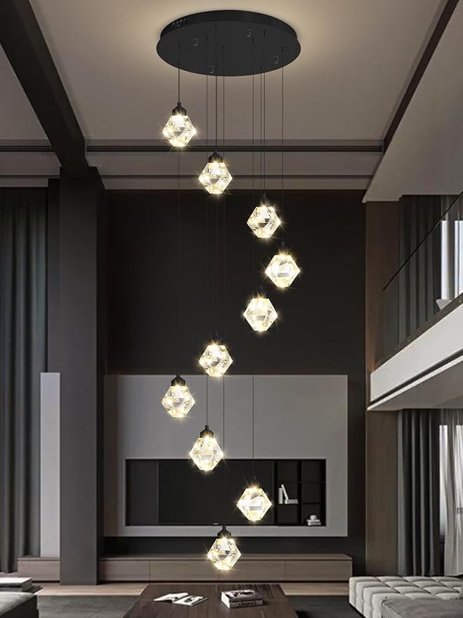 10-Light Chandelier Staircase Chandeliers for High Ceilings Crystal Chandeliers for Living Room Black Pendant Light Dimmable LED Hanging Light with Remote