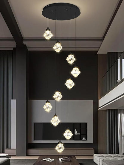 10-Light Chandelier Staircase Chandeliers for High Ceilings Crystal Chandeliers for Living Room Black Pendant Light Dimmable LED Hanging Light with Remote