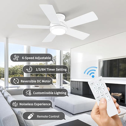 POCHFAN 42 Inch White Ceiling Fans with Lights and Remote, LED Low Profile Flush Mount Ceiling Fan for Bedroom, Living Room, Patio, Quiet DC Motor, 5 Blades