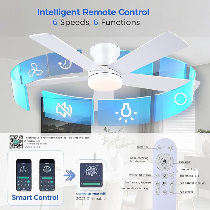 Ayaoty 48In Ceiling Fan with Light Flush Mount - White Low Profile Ceiling Fan Light with Remote/APP, 5 Reversible Dual-Sided Blades, Modern Fan Light for Indoor Bedroom, Covered Outdoor