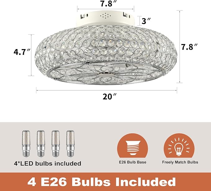 Caged Crystal Ceiling Fans with Lights and Remote,20" Flush Mount Low Profile Ceiling Fan with Light,6 Speed Enclosed Ceiling Fan with Reversible Motor for Bedroom Kitchen Living Room